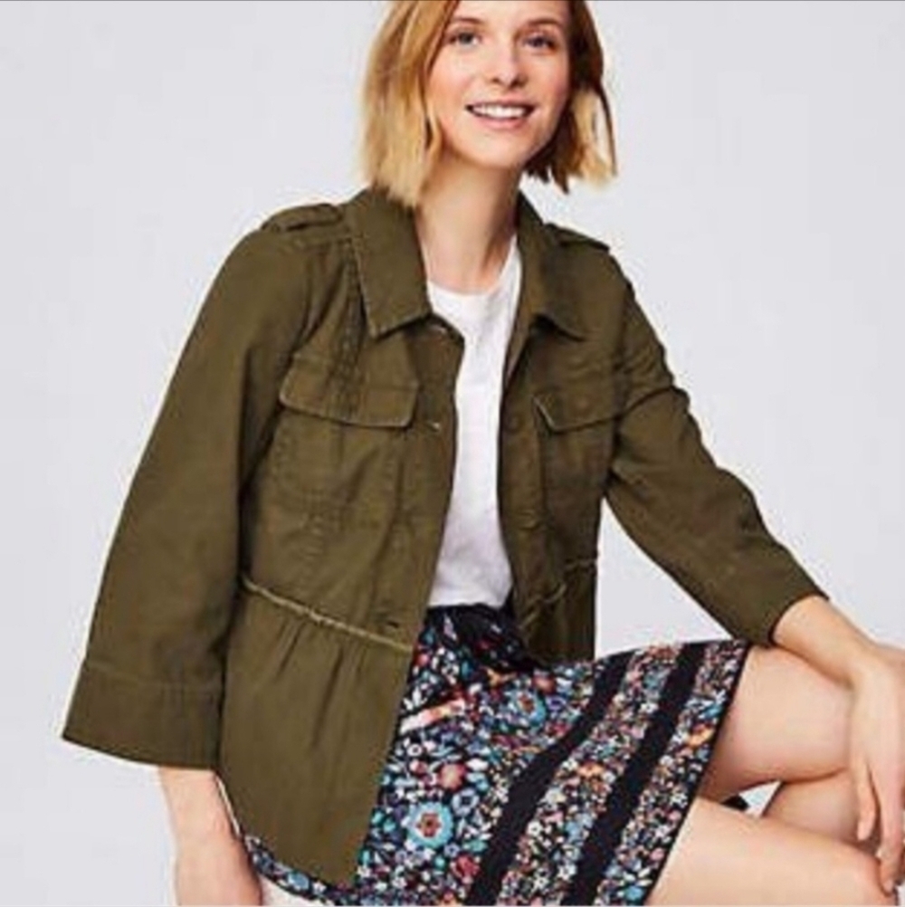 LOFT Peplum Army Green Fall Layering Jacket Women's Small S 100% Cotton Cute EUC